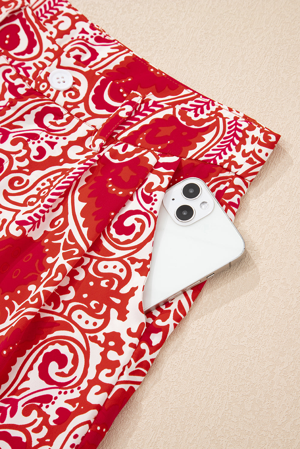 Red Paisley Printed Buttoned High Waist Straight Leg Pants