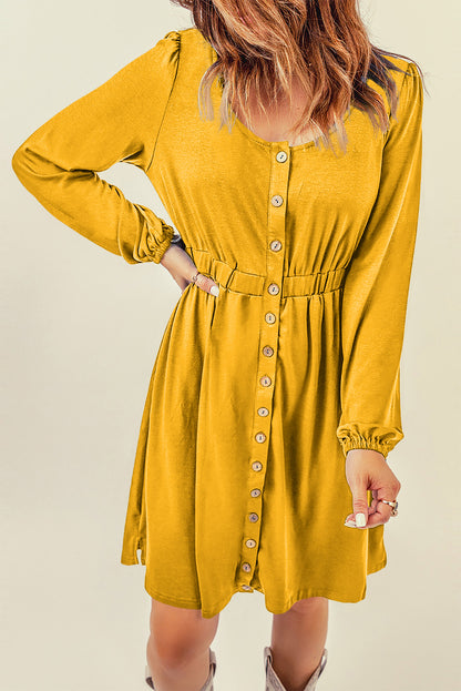 Orange Button Up High Waist Long Sleeve Dress