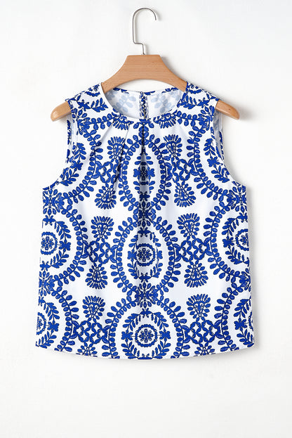 Blue Vintage Print Pintuck Crew Neck Tank Top