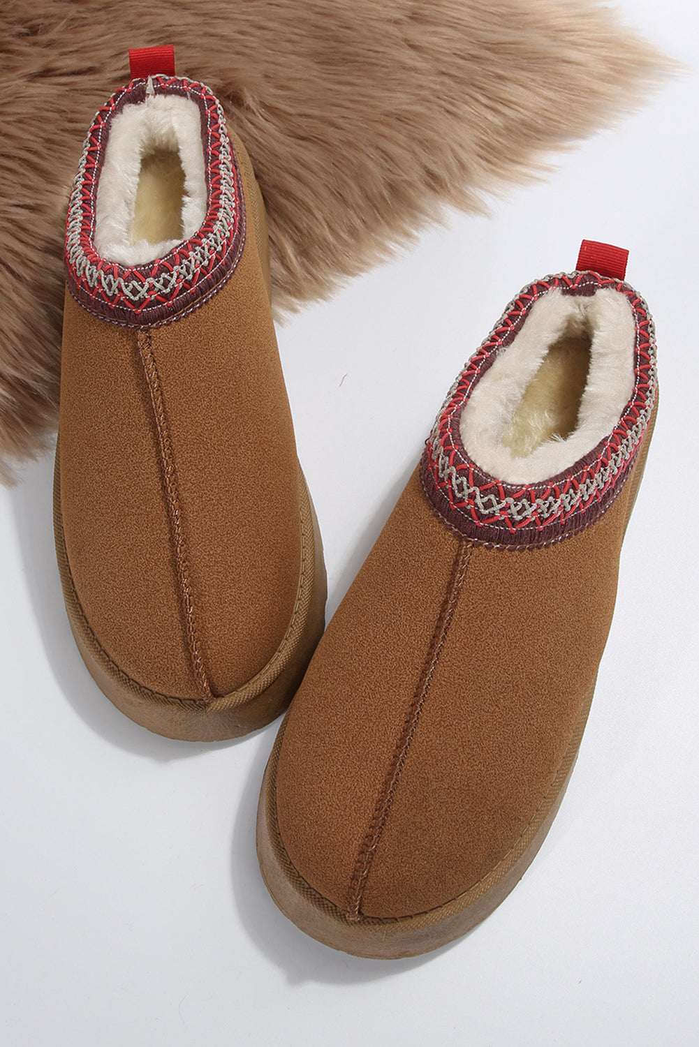 Chestnut Plush Suede Trim Thick Sole Flat Snow Boots
