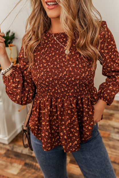 Brown Floral Smocked Bodice Mini Dress