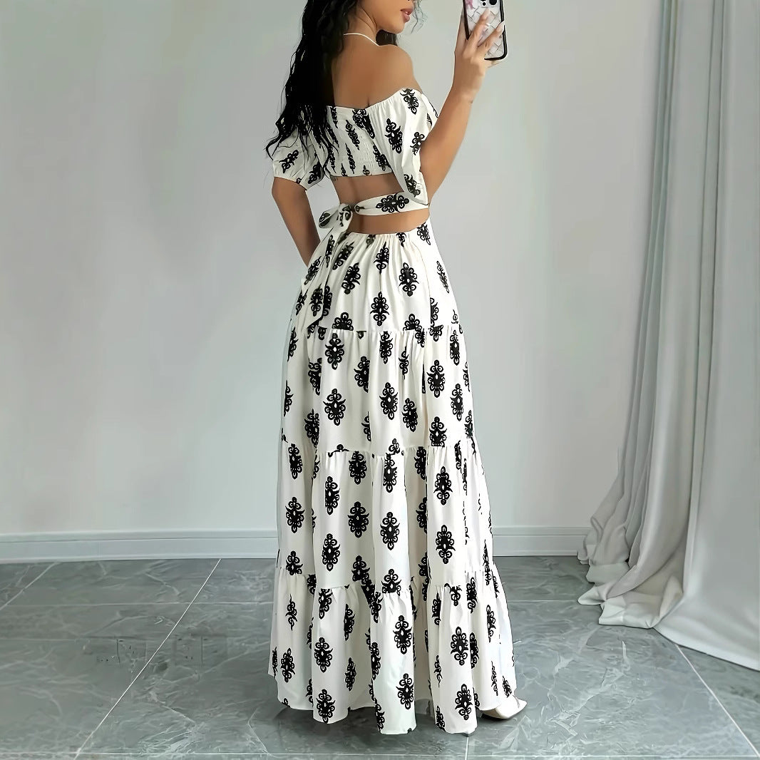 Womens Summer Printed Bandage Sexy A-Line Off-Shoulder Tube Dress