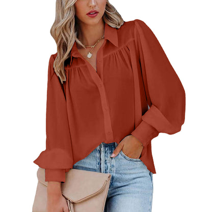 Lantern Sleeve Pleated Solid Color Loose Shirt Long Sleeve Women's Clothing