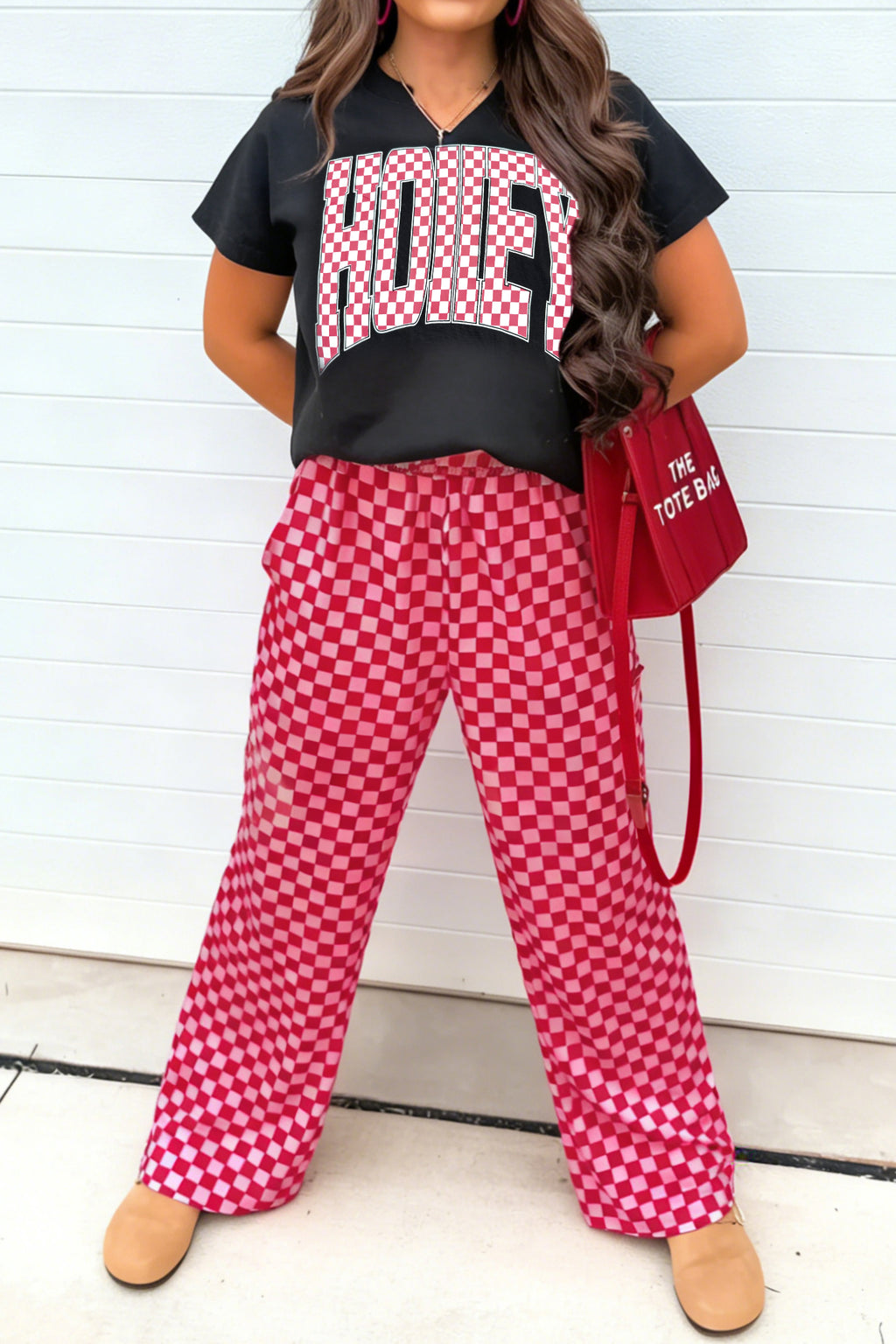 Black V Neck HONEY Tee Contrasted Checkered Pant Set