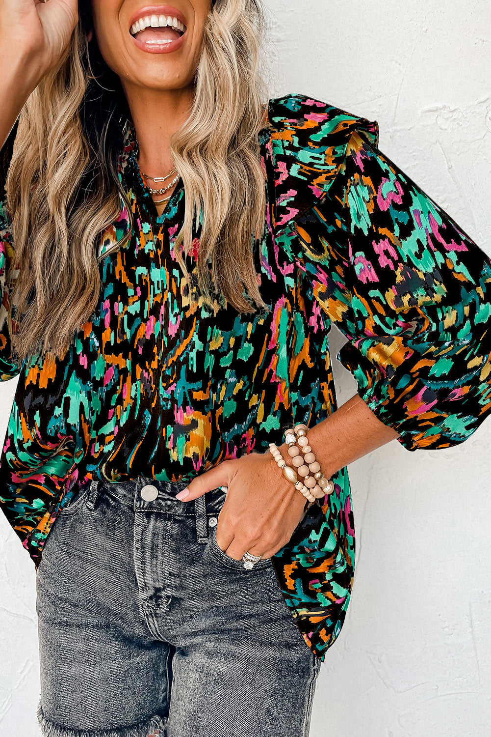 Multicolor Abstract Print Ruffled V Neck Plus Size Blouse