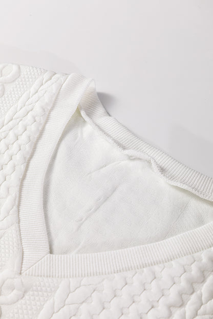 White Solid Color Textured V Neck Drop Shoulder Knit Top
