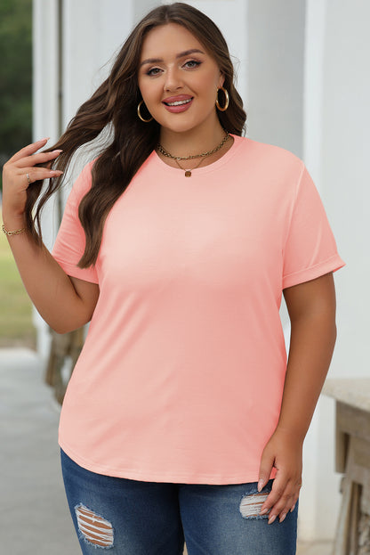 Pink Casual Plain Crew Neck Tee