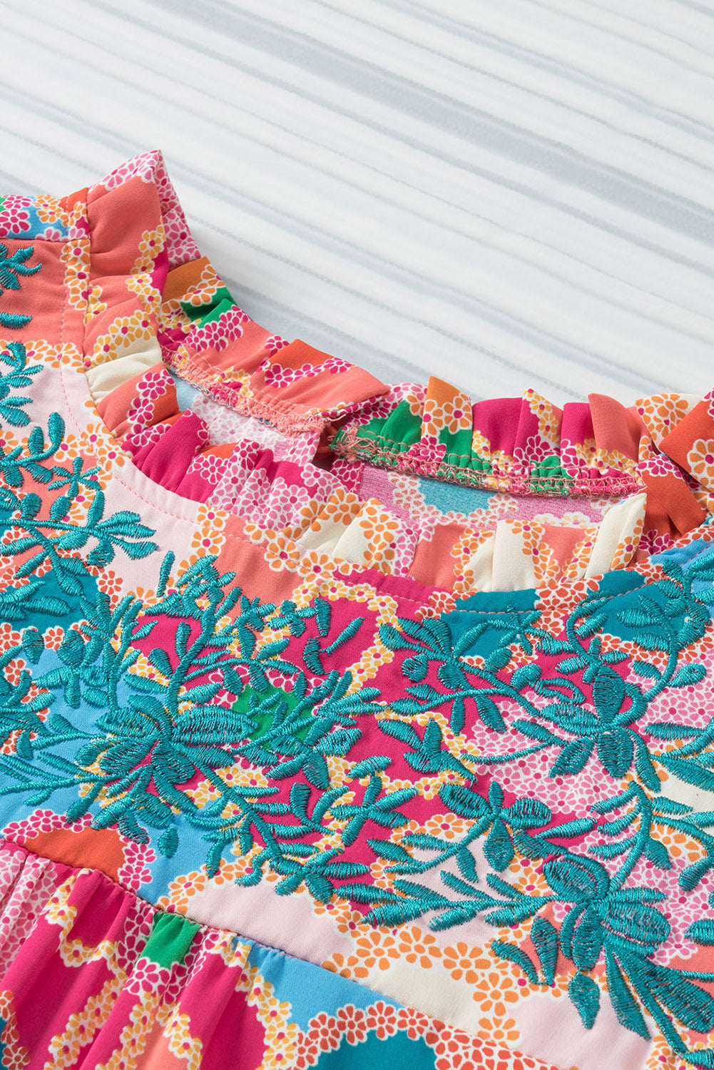 Multicolor Floral Print Smocked Square Neck Ruffles Blouse