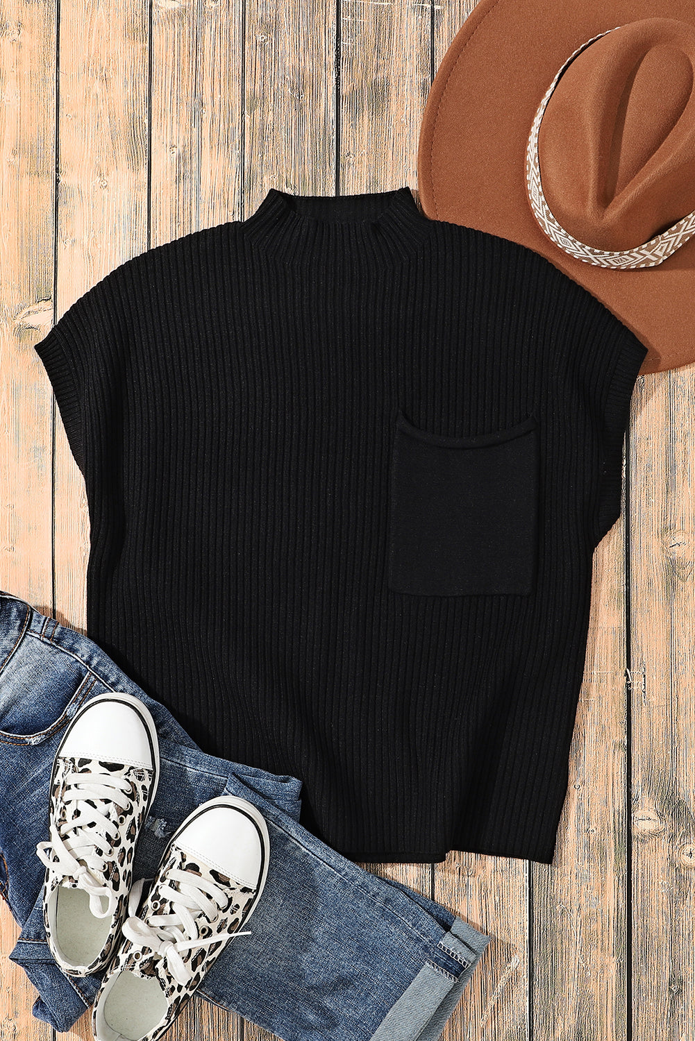 Blackish Green Patch Pocket Ribbed Knit Short Sleeve Sweater