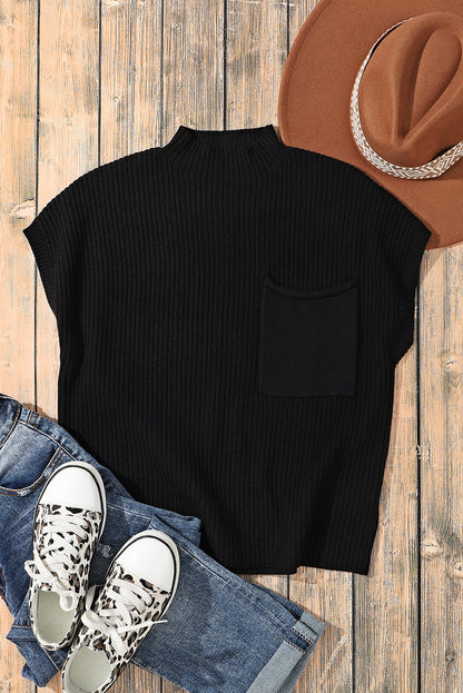 Blackish Green Patch Pocket Ribbed Knit Short Sleeve Sweater