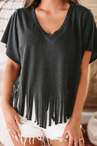 Red Fringe Hem V Neck T Shirt