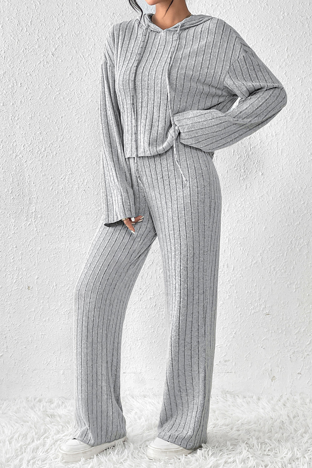 Beige Ribbed Drop Shoulder Henley Top Wide Leg Pants Set