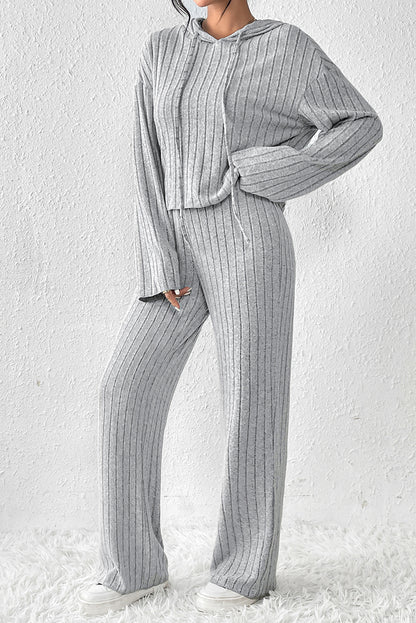 Beige Ribbed Drop Shoulder Henley Top Wide Leg Pants Set