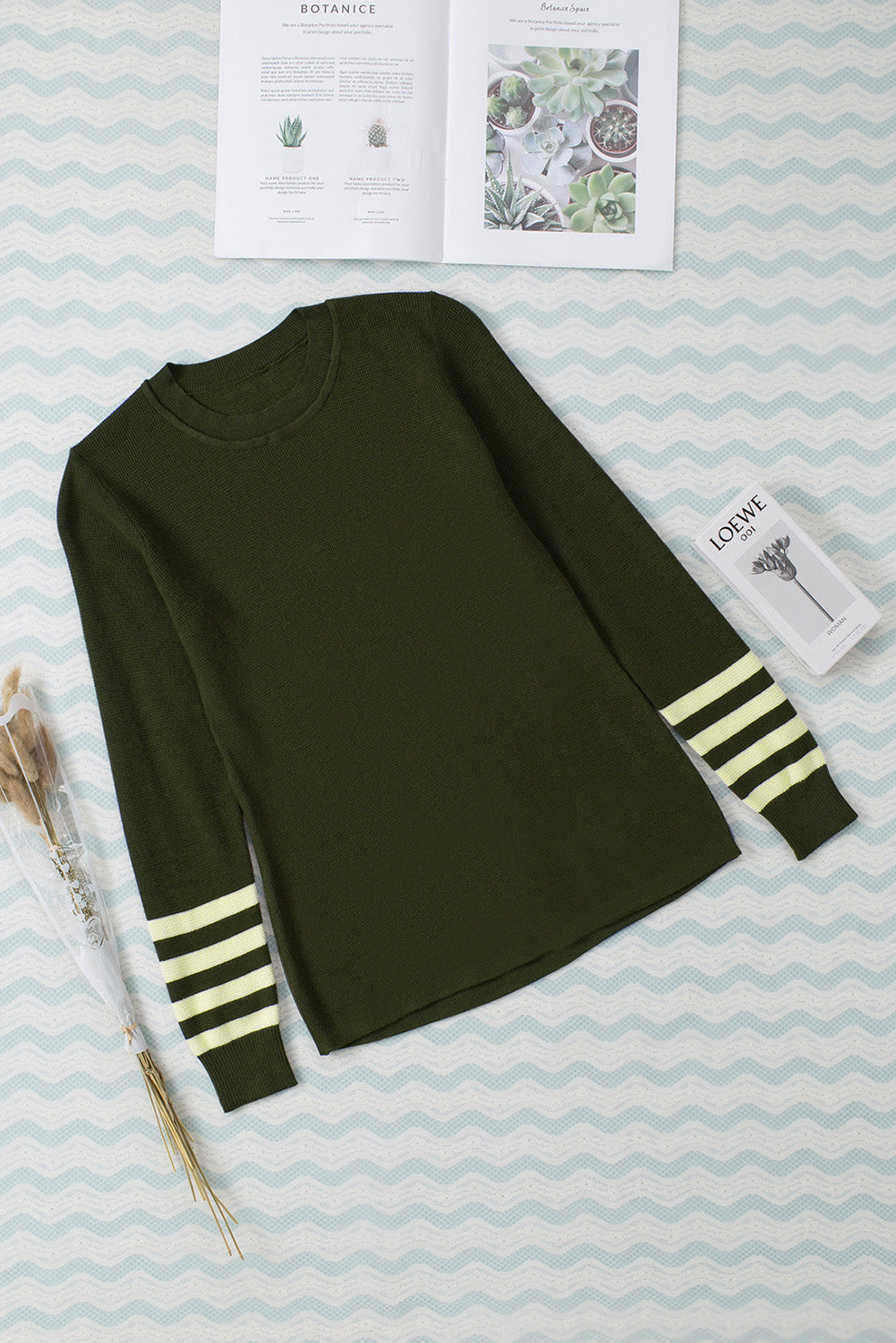 Rose Striped Sleeve Plain Knit Sweater