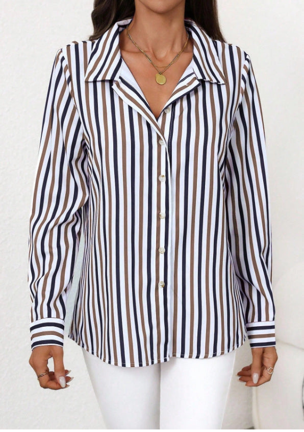 Womens Single-breasted Long-sleeve Casual Striped Shirt