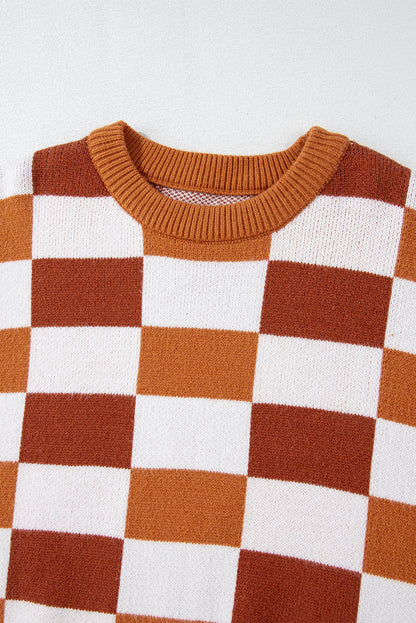 Orange Checkered Ribbed Edge O Neck Drop Shoulder Sweater