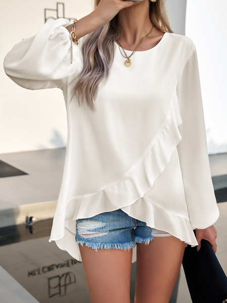 Women's Ruffle Trim Front Lantern Long Sleeve Blouse Loose Tunic Top HTLCKDMAX6