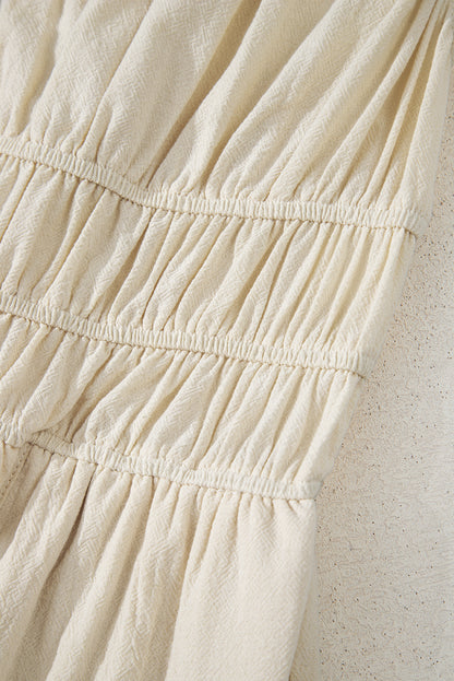 Beige Ruched High Waist Sleeveless Wide Leg Jumpsuit