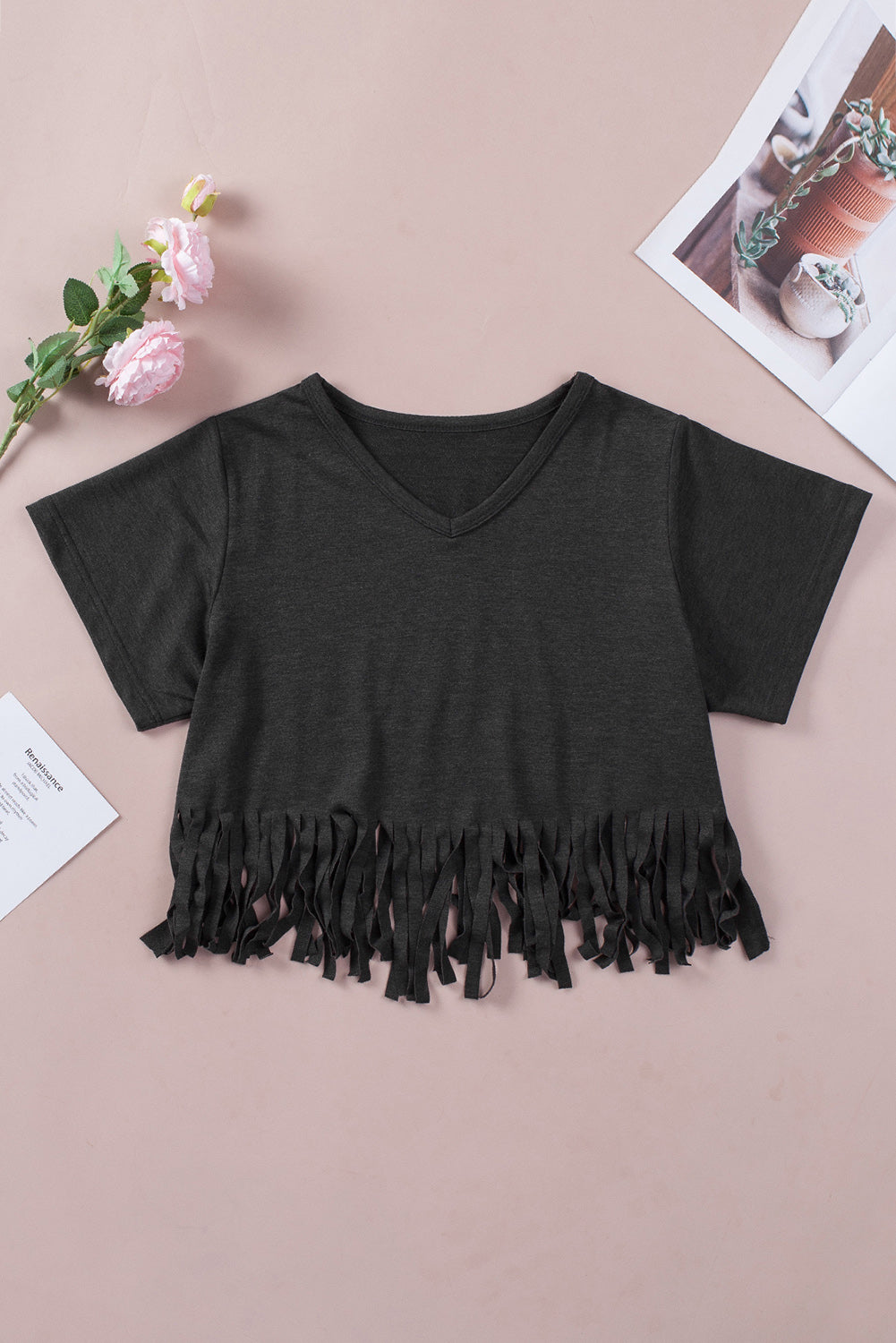 Red Fringe Hem V Neck T Shirt