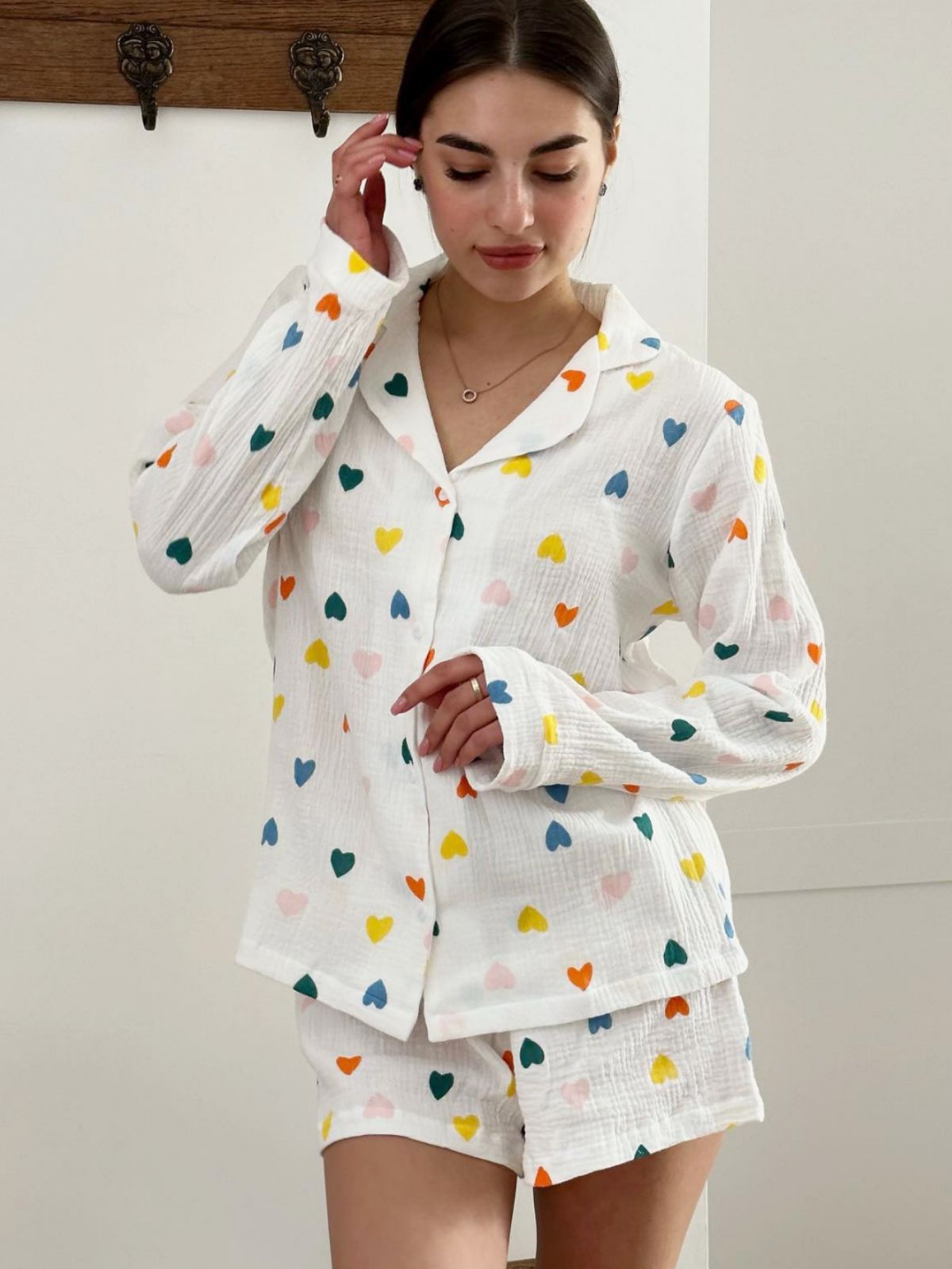 Women's Temperament Leisure Heart Printing Long-sleeved Shirt And Shorts Suit
