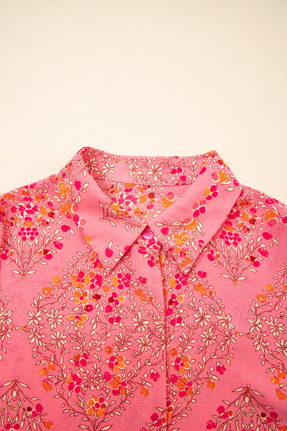 Rose Red Floral Print Wide Short Sleeve Loose Shirt