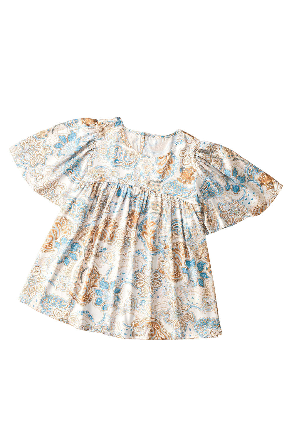 Sky Blue Paisley Pattern Print Drawstring V Neck Blouse