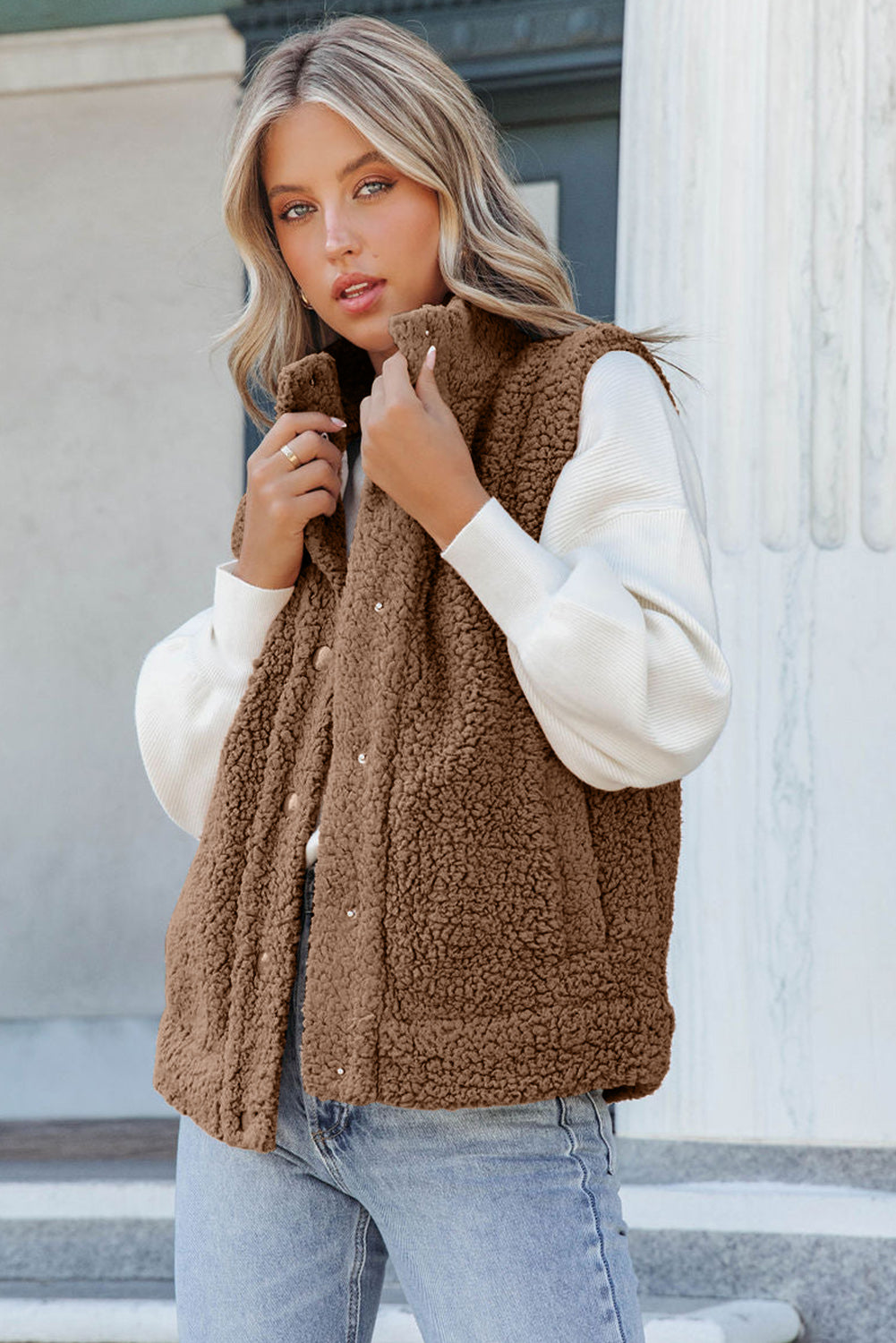 Khaki Plus Size Pocketed Sherpa Vest