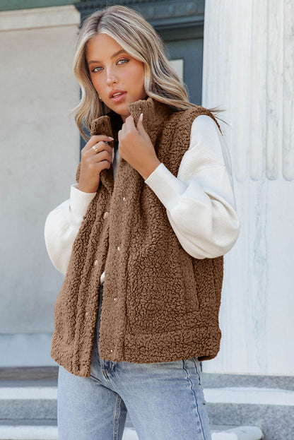 Khaki Plus Size Pocketed Sherpa Vest