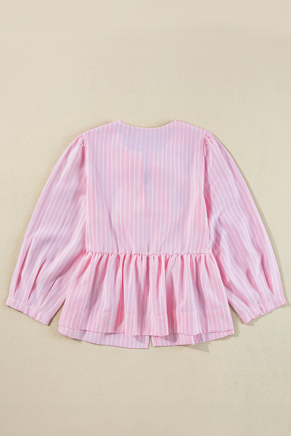 Pink Stripe Bowknot Front Crew Neck Puff Sleeve Blouse