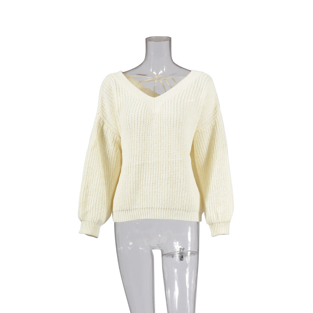 Long-sleeved V-neck strappy casual loose sweater