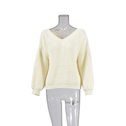 Long-sleeved V-neck strappy casual loose sweater