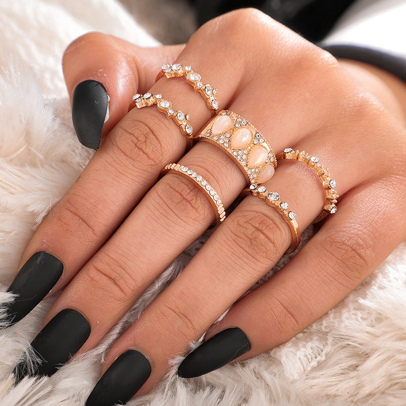 European And American Style Jewelry Diamond Drop-Shaped Opal Ring Set Of 6