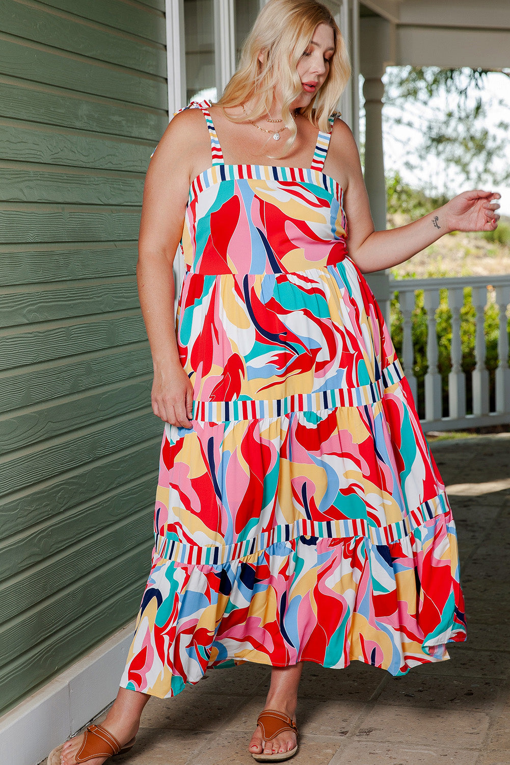Multicolor Abstract Print Striped Trim Maxi Sundress