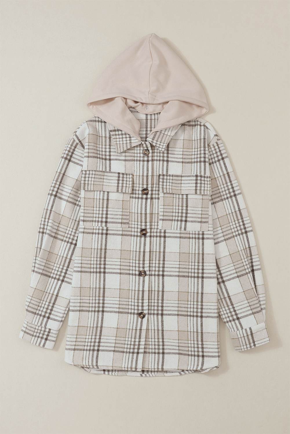 Khaki Printed Plus Size Plaid Print Contrast Hooded Shacket