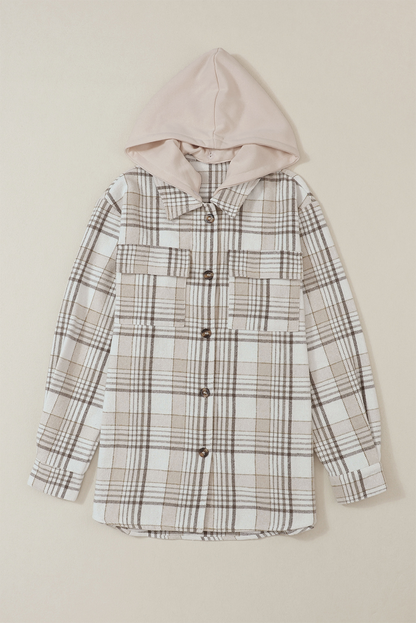Khaki Printed Plus Size Plaid Print Contrast Hooded Shacket