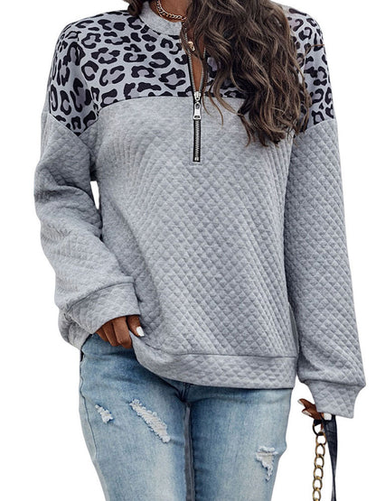 Winter New Leopard Splicing Drop Shoulder Zipper Sweater For Women