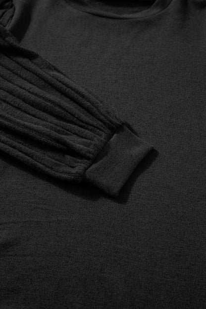 Light Grey Buttoned V Neck Ribbed Puff Sleeve Top