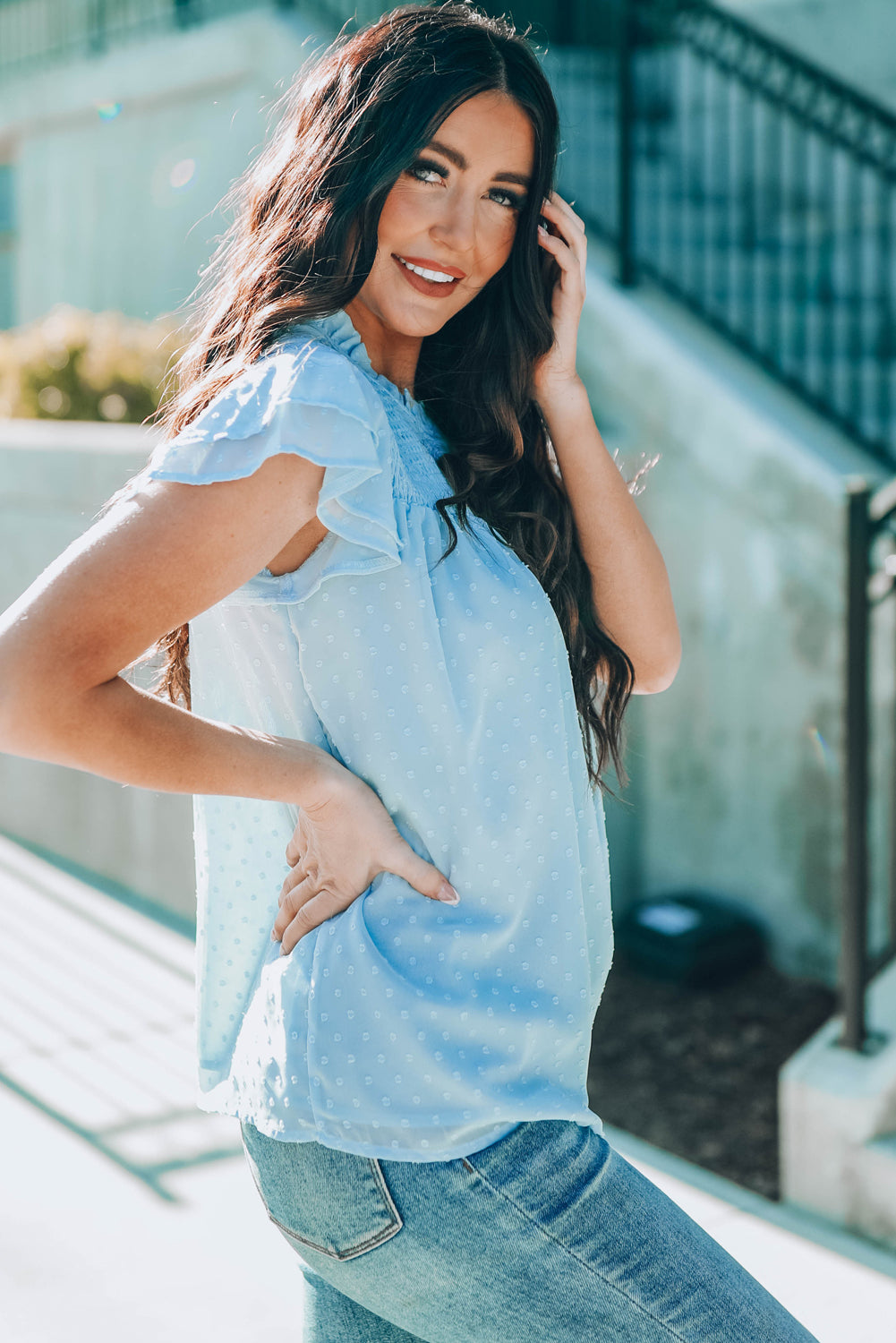 Green Tiered Sleeve Frilled Neck Dotted Top