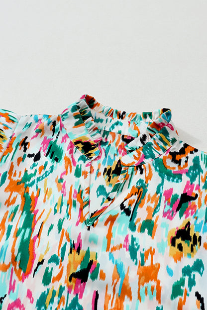 Multicolor Abstract Print Ruffled V Neck Plus Size Blouse