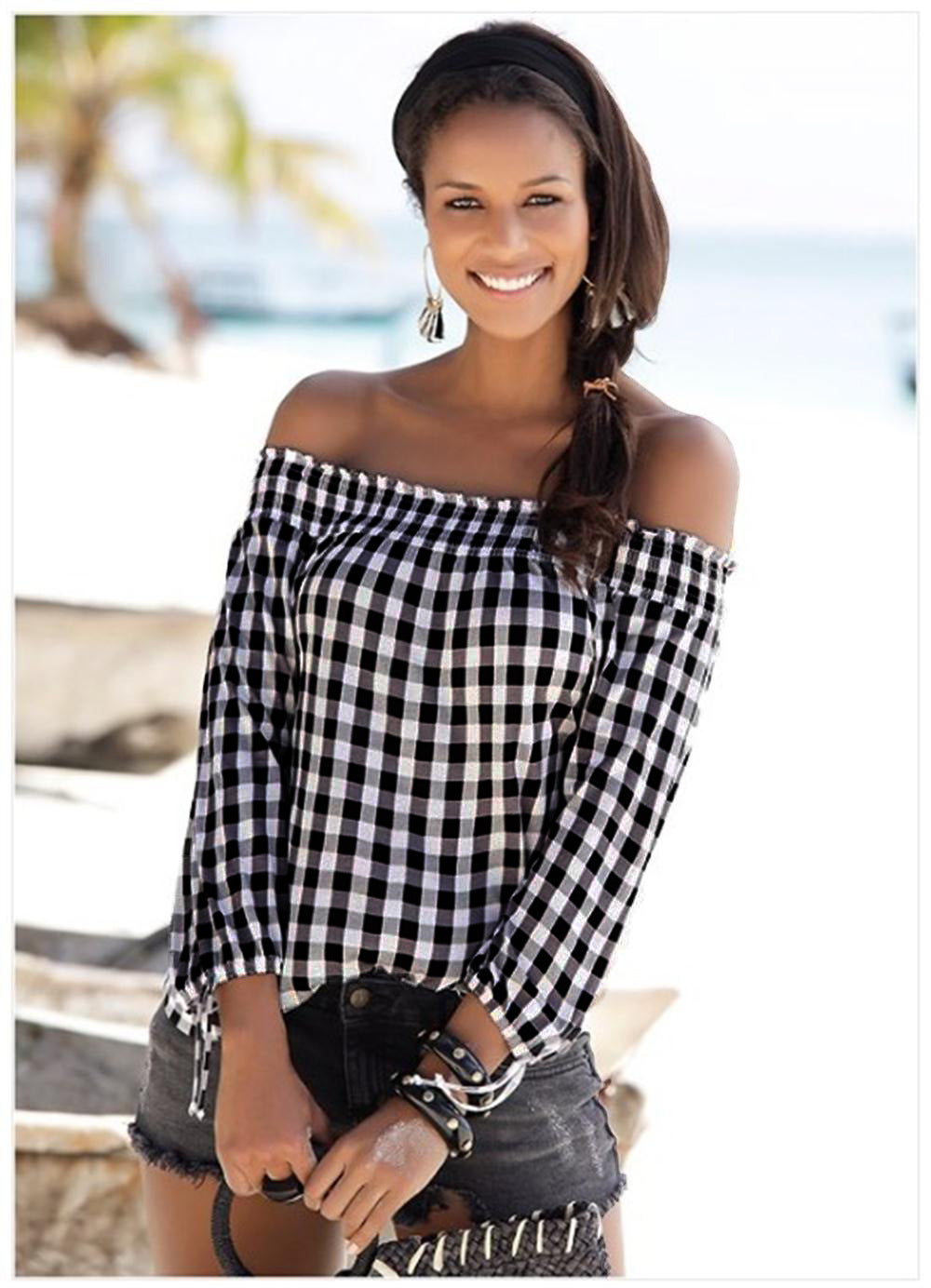 Elastic one-neck plaid all-match casual T-shirt top