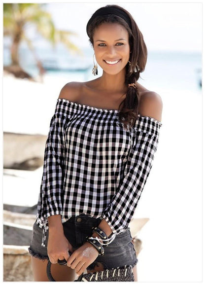 Elastic one-neck plaid all-match casual T-shirt top