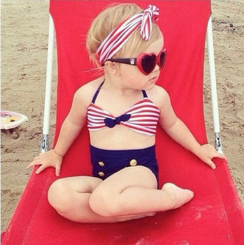 Red  White Stripe Swimsuit Headband 3pc Set