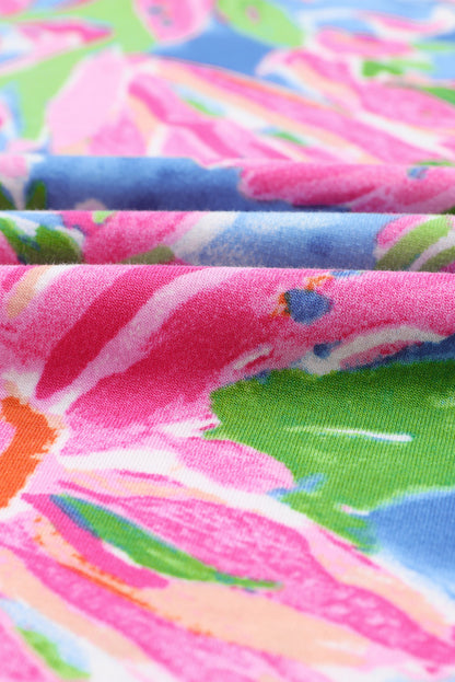 Pink Floral Print Buttoned V Neck Shirt