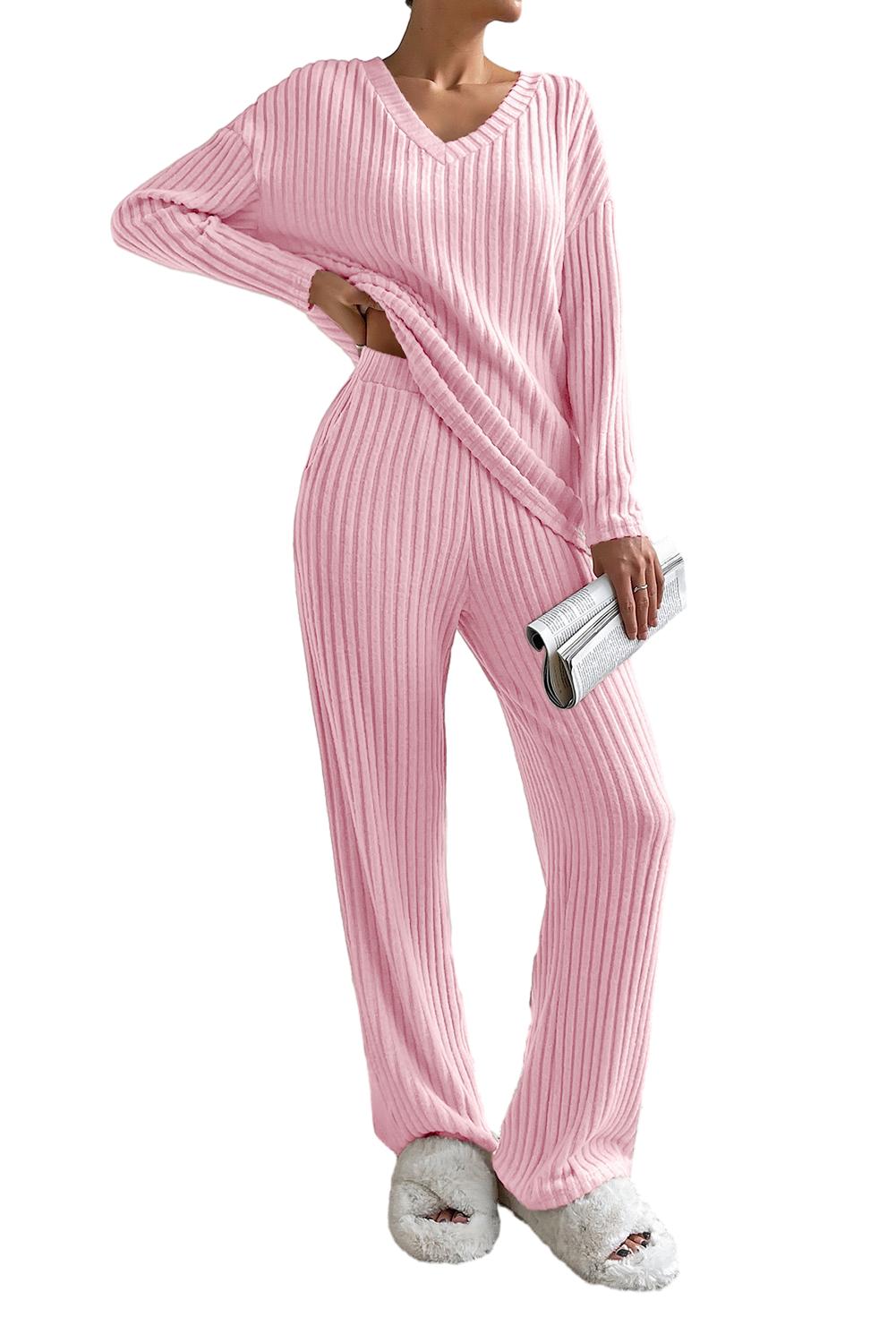 Pink Plain Ribbed Loose Fit Two Piece Lounge Set