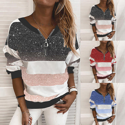 V-neck Loose Pullover Striped Starry Sky Print Women's Clothing