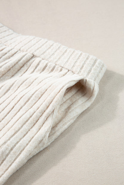 Beige Ribbed Drop Shoulder Henley Top Wide Leg Pants Set