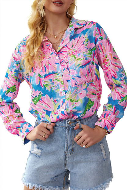 Pink Floral Print Buttoned V Neck Shirt