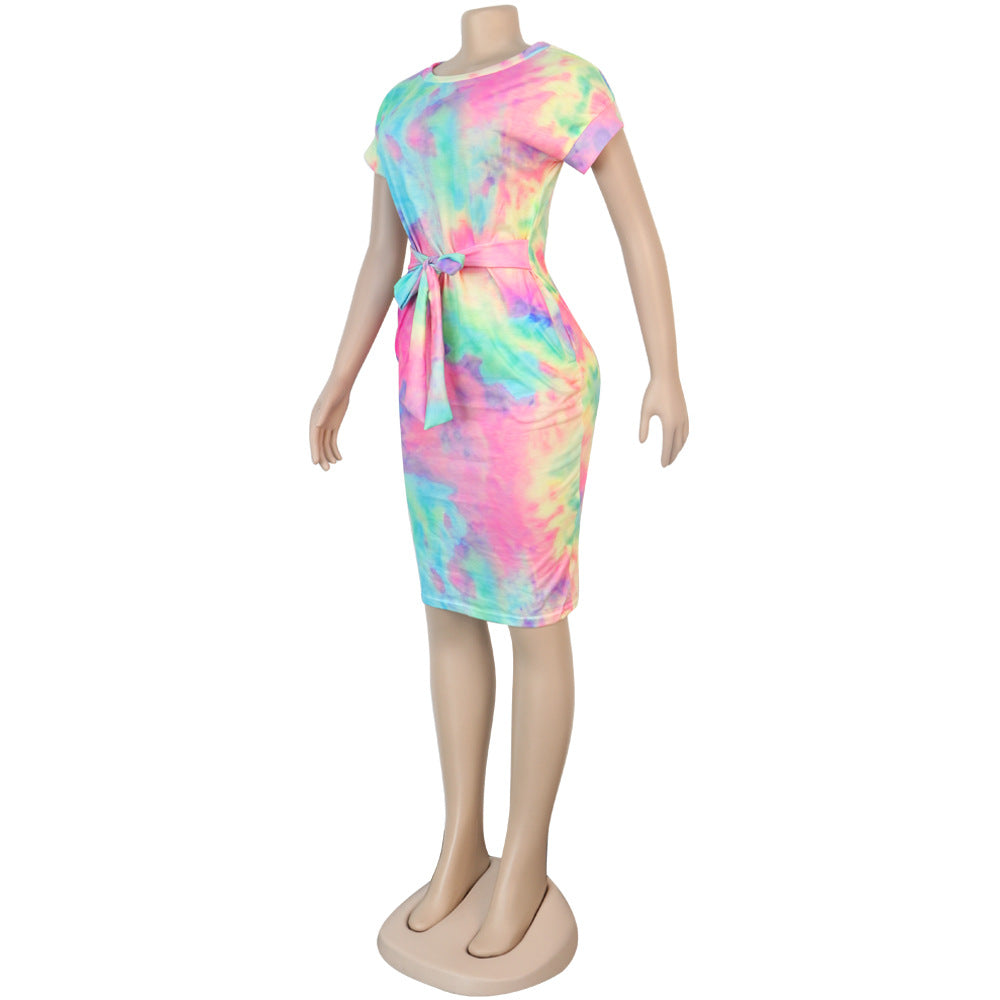 Foreign Trade Women's Clothing Striped Plastic Waist Bandage Sweet Dress