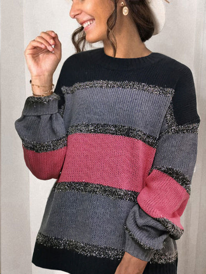 Women's multicolor stitching loose sweater