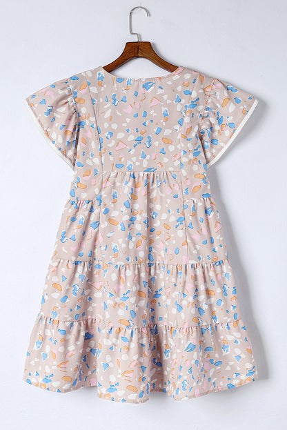 Rose Printed Crisscross Decor V Neck Flutter Sleeve Dress